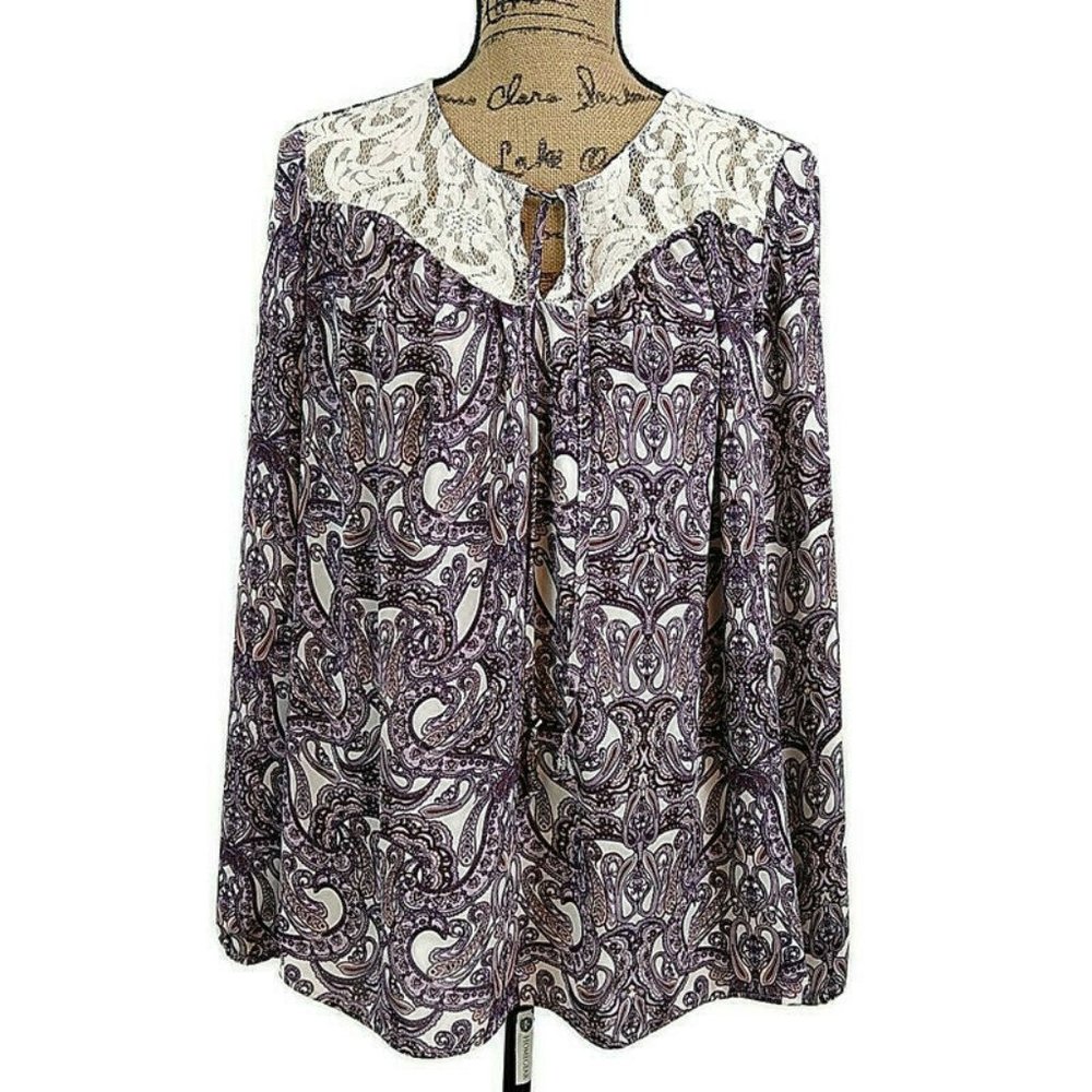 Black Rainn Womens sz L Top Purple Paisley Lace Keyhole Blouse Tie